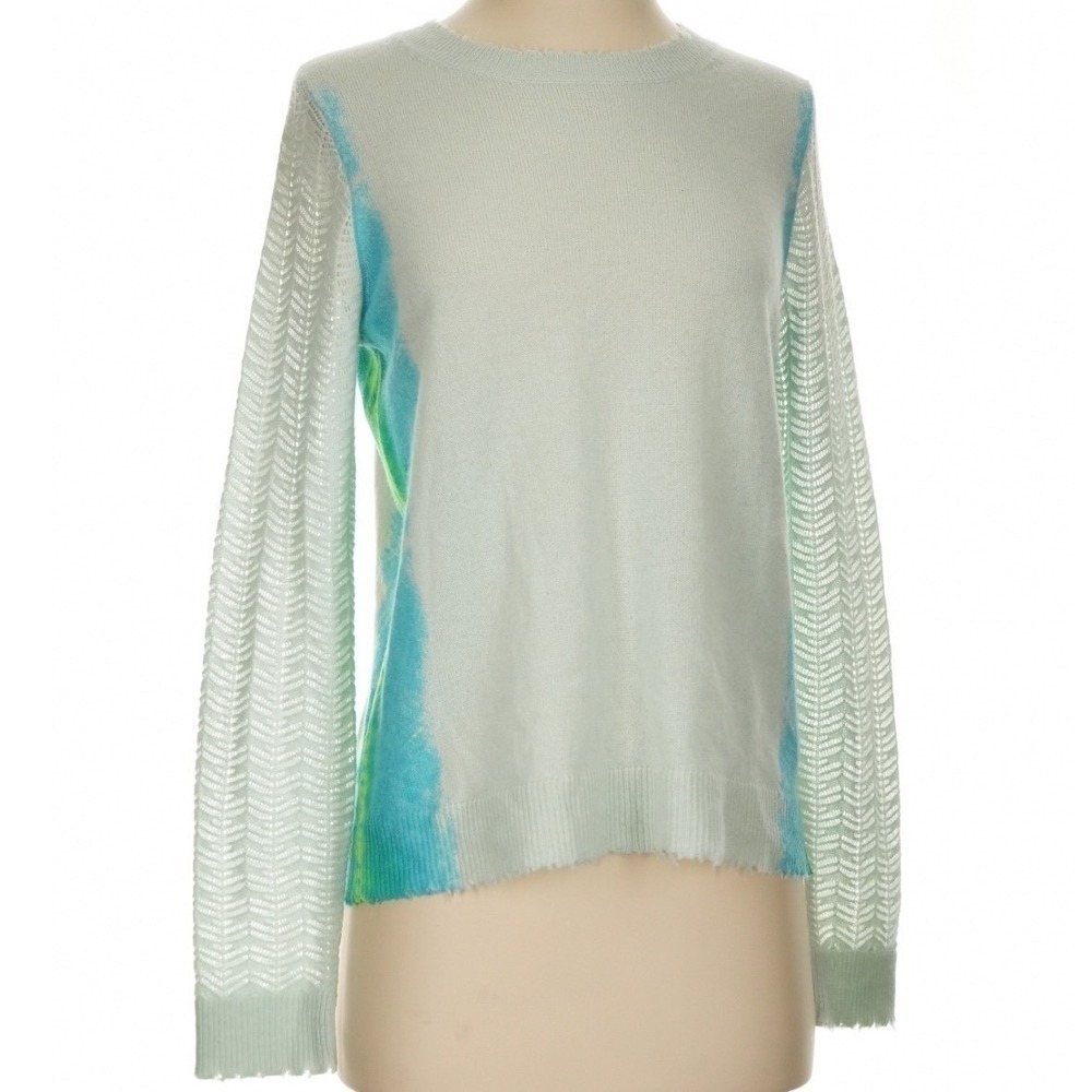 Lisa Todd 100% Cashmere Sweater Blue Green Ombre Pointelle Crewneck Chic Size XS - Picture 3 of 14